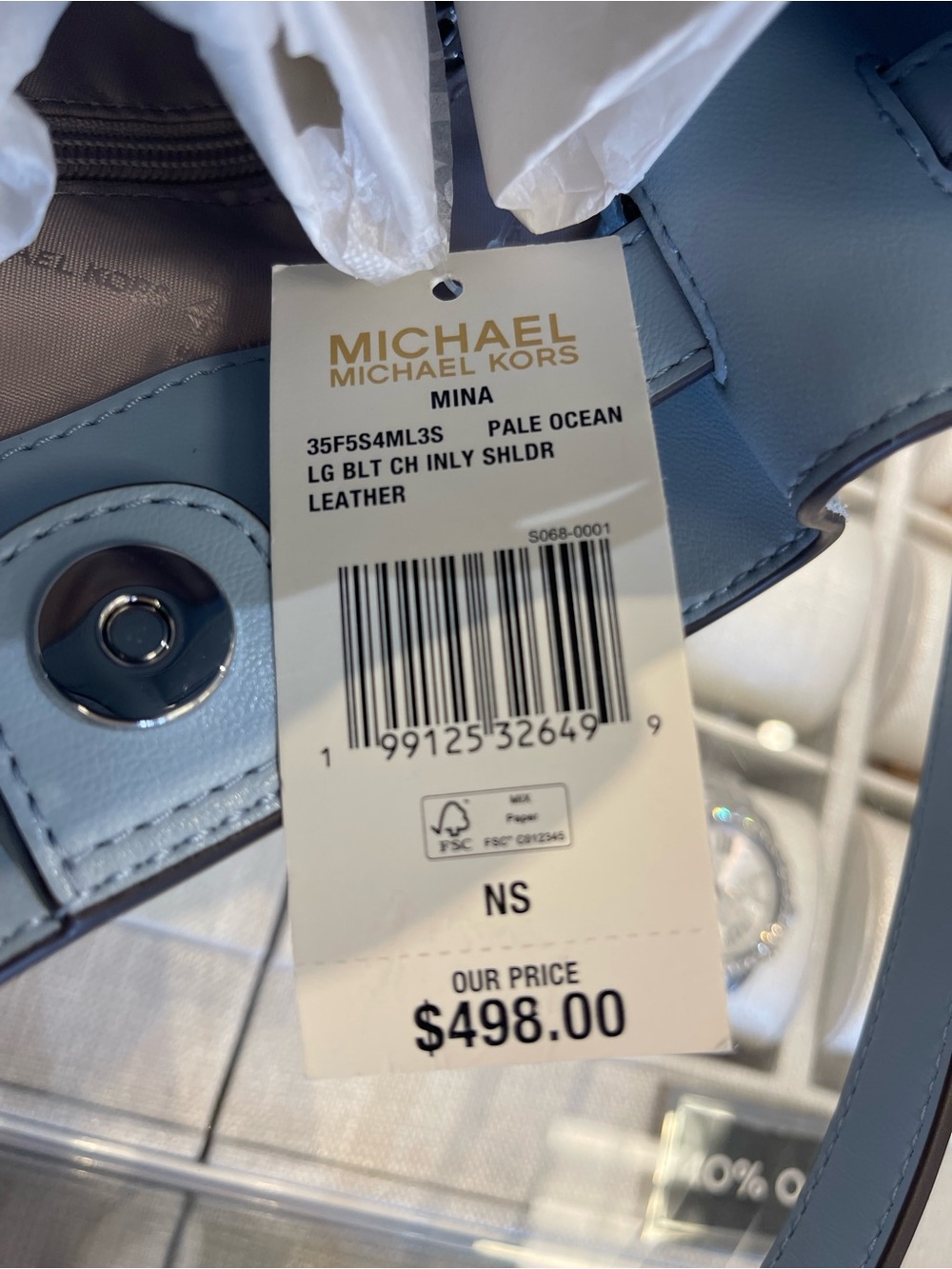 Michael Kors Mina Large Suede Chain Shoulder Bag Pale Ocean Blue Leather NWT - Picture 11 of 16